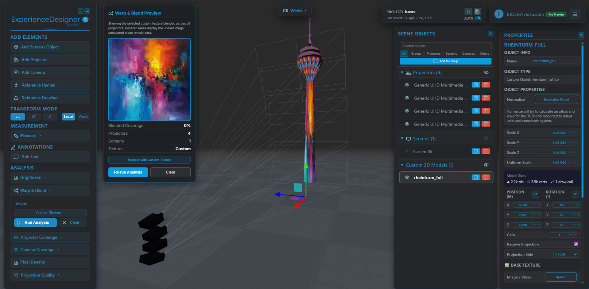 VIOSO Experience Designer — multi-projector workspace with live photometric analysis
